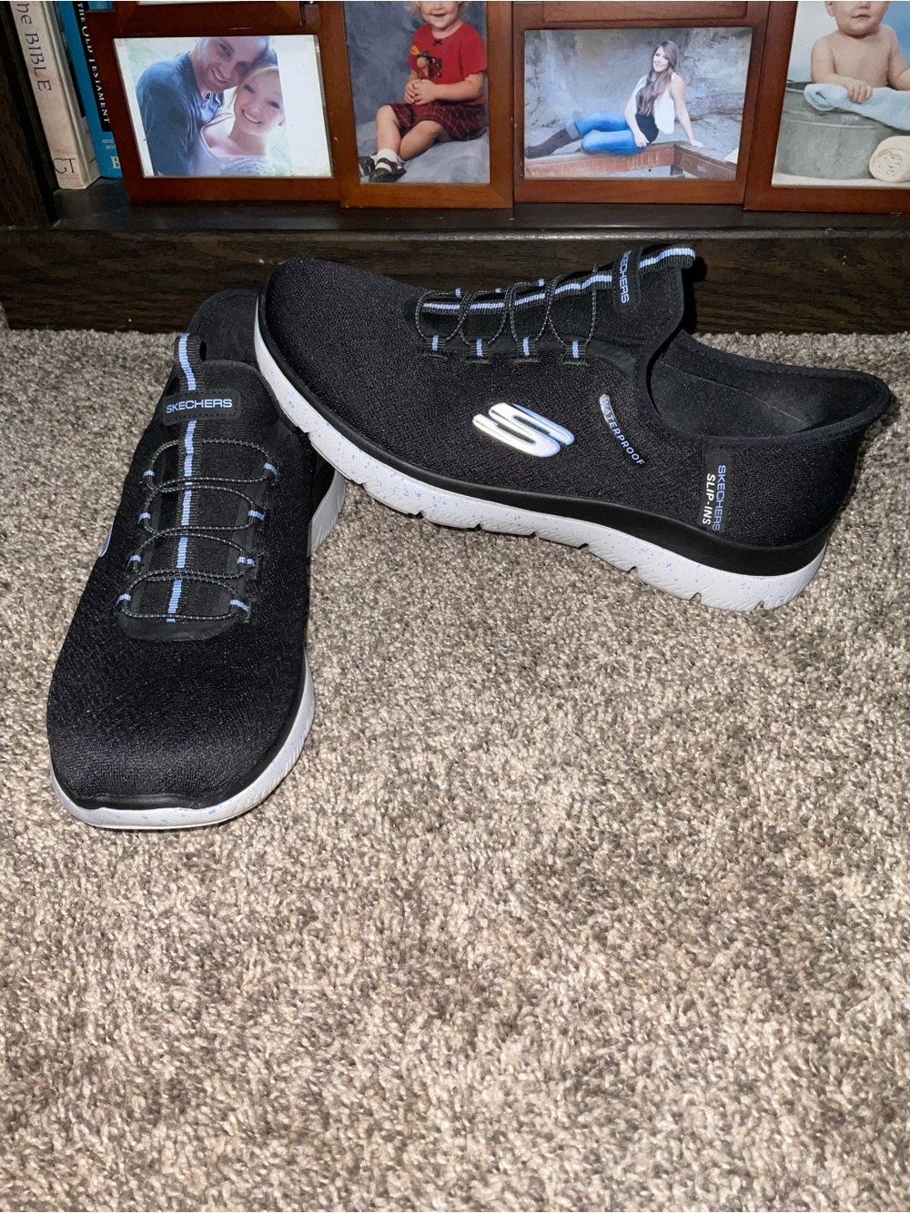 Skechers Waterproof Slip-Ins Black, White, and Blue Sneakers Size 9
